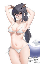 Rule 34 | 1girl, absurdres, armpits, arms up, bikini, black hair, cat hair ornament, commentary request, cowboy shot, dragon horns, dragon tail, glasses, hair ornament, happy05x, highres, horns, long hair, looking at viewer, navel, original, ponytail, presenting armpit, red eyes, side-tie bikini bottom, signature, simple background, solo, string bikini, swimsuit, tail, thighs, tying hair, white background, white bikini