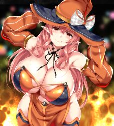 Rule 34 | :p, armpits, black background, blurry, blurry background, blush, breasts, circussion, detached sleeves, gold, hat, huge breasts, looking at viewer, navel, orange eyes, original, pointy ears, red hair, smile, tongue, tongue out, witch, witch hat