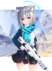 Rule 34 | 1girl, animal ear fluff, animal ears, assault rifle, black skirt, blue archive, blue eyes, blue jacket, blue scarf, closed mouth, commentary request, fringe trim, grey hair, gun, hair ornament, halo, highres, holding, holding gun, holding weapon, jacket, nanamomo rio, off shoulder, open clothes, open jacket, pleated skirt, scarf, shiroko (blue archive), shirt, sig sauer 556, skirt, smile, solo, standing, trigger discipline, weapon, white shirt