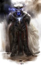 Rule 34 | 1boy, armor, armored boots, boots, breastplate, full armor, full body, gauntlets, glowing, glowing eyes, helmet, horns, looking at viewer, male focus, ongaro, solo, standing