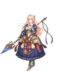 Rule 34 | 1girl, armor, armored boots, blonde hair, blue eyes, boots, braid, dress, french braid, full body, highres, holding, holding polearm, holding spear, holding weapon, long hair, looking at viewer, mireille (sennen sensou aigis), official art, parted lips, polearm, puffy sleeves, sennen sensou aigis, solo, spear, tedain, transparent background, weapon