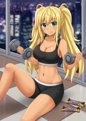Rule 34 | 1girl, :q, bare arms, bare legs, bare shoulders, black shirt, black shorts, blonde hair, blurry, blush, bokeh, breasts, candy, checkered floor, city lights, cleavage, closed mouth, collarbone, crop top, depth of field, dumbbell, dumbbell nan kilo moteru?, green eyes, highres, holding, indoors, kazenokaze, knee up, large breasts, long hair, looking at viewer, midriff, navel, on floor, sakura hibiki, shirt, short shorts, shorts, sidelocks, sitting, sleeveless, sleeveless shirt, smile, snickers (brand), solo, sports bra, stomach, sweat, taut clothes, thighs, tile floor, tiles, tongue, tongue out, twintails, window, wrapped candy