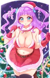 Rule 34 | 1girl, absurdres, belt, bikini, bikini top only, black belt, black thighhighs, blue eyes, blurry, blurry background, blush, breasts, capelet, christmas, christmas ornaments, christmas tree, cleavage, commentary, cowboy shot, cure majesty, depth of field, ellee-chan, fur-trimmed bikini, fur-trimmed capelet, fur-trimmed gloves, fur-trimmed headwear, fur-trimmed skirt, fur trim, gloves, hair tie, halterneck, hat, highres, hirogaru sky! precure, holding, holding sack, large breasts, leaning forward, leg up, long hair, looking at viewer, miniskirt, over shoulder, precure, purple hair, red bikini, red capelet, red gloves, red hat, red skirt, sack, santa gloves, santa hat, skirt, solo, standing, standing on one leg, sugimura mickey, swimsuit, thighhighs, translated, two side up