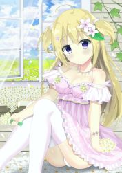 Rule 34 | 1girl, 7 calpis 7, ahoge, bare shoulders, blonde hair, blush, bracelet, breasts, cleavage, day, flower, hair flower, hair ornament, highres, jewelry, leaf, long hair, looking at viewer, medium breasts, necklace, original, panties, pantyshot, purple eyes, short twintails, sitting, solo, thighhighs, thighs, twintails, two side up, underwear, white panties, white thighhighs, window