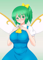 Rule 34 | 1girl, :o, ascot, blouse, blush, breast hold, breasts, collared shirt, daiyousei, dress shirt, fairy wings, full-face blush, gradient background, green eyes, green hair, hair ribbon, highres, kakone, large breasts, looking at viewer, matching hair/eyes, nose blush, open mouth, puffy short sleeves, puffy sleeves, ribbon, shirt, short hair, short sleeves, side ponytail, sketch, solo, touhou, vest, white shirt, wings
