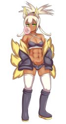 Rule 34 | 1girl, abs, animal ears, bare shoulders, boots, borrowed character, breasts, blowing bubbles, chewing gum, collarbone, commentary, commission, cutoffs, english commentary, fox ears, fox girl, fox tail, full body, green eyes, hands in pockets, harumi (elh), high ponytail, highres, jacket, knee boots, long hair, looking at viewer, multiple tails, nav (itsnav), navel, off shoulder, original, short shorts, shorts, skindentation, small breasts, solo, standing, tail, thighhighs, toned, transparent background, unbuttoned, white hair, white thighhighs