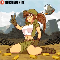 Rule 34 | 1girl, :d, alien, animated, animated gif, belt, blush, boots, bra, breasts, brown eyes, brown hair, cleavage, clothes lift, cloud, covered erect nipples, fio germi, full body, glasses, gloves, hat, large breasts, looking at viewer, mars people, metal slug, midriff, military, navel, open mouth, outdoors, ponytail, round eyewear, shirt lift, shorts, sidelocks, sitting, smile, snk, solo, sweat, twistedgrim, ufo, underwear, v, vest, victory pose, wariza, wiping face