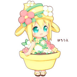 Rule 34 | 1girl, :d, aikei ake, aqua eyes, bare arms, bare shoulders, blonde hair, blush, brown footwear, dress, flower, flower pot, full body, hair between eyes, hair rings, hat, hat flower, highres, looking away, open mouth, original, personification, pink flower, sandals, sidelocks, simple background, sleeveless, sleeveless dress, smile, solo, standing, translation request, white background, white flower, yellow dress, yellow flower, yellow hat