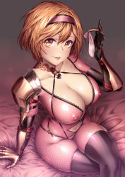 Rule 34 | 1girl, absurdres, armor, black gloves, black thighhighs, blonde hair, blush, bodysuit, breasts, brown eyes, cleavage, clothing cutout, collarbone, condom, covered erect nipples, crossed legs, djeeta (granblue fantasy), elbow gloves, female pubic hair, gauntlets, gloves, granblue fantasy, hair between eyes, hairband, highres, holding, holding condom, large breasts, long hair, looking at viewer, naidong (artist), navel, navel cutout, pauldrons, pink bodysuit, pubic hair, short hair, shoulder armor, single pauldron, sitting, smile, solo, thighhighs, thighs, used condom