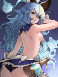 Rule 34 | 1girl, animal ears, arched back, ass, backless dress, backless outfit, bad id, bad twitter id, bare arms, bare back, bare shoulders, black panties, blue hair, breasts, brown eyes, commentary request, cowboy shot, dress, erune, ferry (granblue fantasy), flask, frills, from behind, ghost, granblue fantasy, highres, koretsuki azuma, long hair, looking at viewer, looking back, medium breasts, panties, parted lips, shoulder blades, solo, underwear, wavy hair