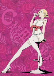 Rule 34 | 1girl, atlus, blonde hair, blue eyes, bow, catherine, catherine (game), choker, copyright name, drill hair, drink, english text, heart, heart background, high heels, highres, official art, pink background, scan, shoes, sitting, skirt, smile, soejima shigenori, solo, thighhighs, twintails, waist bow, white heels