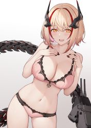 Rule 34 | 1girl, :d, absurdres, azur lane, bare shoulders, black nails, blonde hair, blush, bra, breasts, cleavage, collarbone, commentary, cross, english commentary, fingernails, gradient background, grey background, hair between eyes, hand on own chest, hands on own chest, headgear, highres, iron cross, large breasts, long fingernails, looking at viewer, machinery, mechanical tail, multicolored hair, multicolored nails, nail art, nail polish, navel, open mouth, panties, pink bra, pink panties, red hair, red nails, rigging, roon (azur lane), short hair, smile, solo, stomach, streaked hair, tail, terras, turret, two-tone hair, underwear, underwear only, yellow eyes