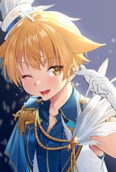 1boy animal_ears blonde_hair cat_ears earrings fang gloves grateful_shell_collector guppydaze hat highres idol jewelry looking_to_the_side male_focus microphone one_eye_closed open_mouth original short_hair solo sweat yellow_eyes