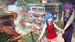 Rule 34 | 2girls, akizone, awning, blue hair, cable car, dappled sunlight, day, dress, glasses, guard rail, head wings, highres, holding hands, landscape, multiple girls, original, outdoors, pointy ears, purple hair, railing, sleeves rolled up, sunlight, thighhighs, tree, wallpaper, wings