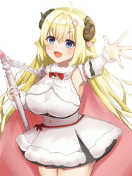 Rule 34 | 1girl, ahoge, animal ears, blonde hair, breasts, cape, dress, fur-trimmed dress, fur-trimmed sleeves, fur trim, hair ornament, hairpin, highres, holding harp, hololive, horns, large breasts, long hair, long sleeves, looking at viewer, menmen (menmen13s), open mouth, pink cape, purple eyes, sheep ears, sheep girl, sheep horns, sleeveless, sleeveless dress, smile, solo, tsunomaki watame, tsunomaki watame (1st costume), virtual youtuber, white background, white dress, white sleeves