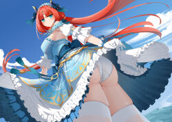 Rule 34 | 1girl, absurdres, alternate costume, artist request, ass, bare shoulders, blue eyes, breasts, cameltoe, clothes lift, dress, fake horns, from behind, from below, genshin impact, headdress, highres, horns, large breasts, long hair, looking at viewer, looking down, low twintails, nilou (genshin impact), nilou (gigo) (genshin impact), panties, red hair, sideboob, skirt, skirt hold, skirt lift, solo, thick thighs, thighhighs, thighs, twintails, underwear, upskirt, very long hair
