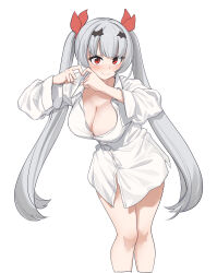 Rule 34 | 1girl, absurdres, aningay, blush, breasts, cleavage, closed mouth, collared shirt, copyright request, cropped legs, dress shirt, grey hair, hands up, heart, heart hands, highres, large breasts, long hair, looking at viewer, naked shirt, red eyes, shirt, simple background, smile, solo, twintails, very long hair, white background, white shirt