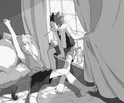 Rule 34 | 2boys, barefoot, bed, book, bottle, gon freecss, greyscale, highres, hunter x hunter, killua zoldyck, lying, male focus, monochrome, morning, mouth hold, multiple boys, one eye closed, pillow, shorts, sitting, spiked hair, stretching, tank top, tears, toripippi 7, towel, towel around neck, waking up, water bottle, window