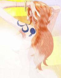 Rule 34 | 1girl, breasts, censored, convenient censoring, large breasts, long hair, nami (one piece), censored nipples, nude, one piece, orange hair, screencap, solo