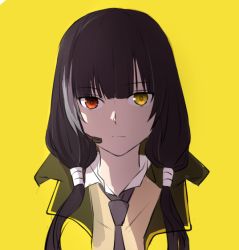 Rule 34 | 1girl, black hair, black necktie, closed mouth, expressionless, girls&#039; frontline, grey hair, hair tubes, headset, heterochromia, long hair, looking at viewer, low twintails, multicolored hair, necktie, orange eyes, portrait, ro635 (girls&#039; frontline), ro65 (girls frontline), shirt, simple background, solo, streaked hair, twintails, upper body, white shirt, xiujia yihuizi, yellow background, yellow eyes