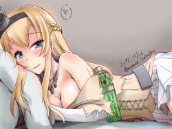 Rule 34 | 1girl, absurdres, blonde hair, blue eyes, braid, breasts, cleavage, cowboy shot, crown, dress, flower, french braid, highres, jewelry, kantai collection, long hair, long sleeves, looking at viewer, lying, minase (takaoka nanase), mini crown, necklace, off-shoulder dress, off shoulder, on side, one-hour drawing challenge, pillow, pleated skirt, red flower, red rose, rose, skirt, solo, warspite (kancolle), white dress, white skirt