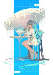 Rule 34 | 1girl, :d, absurdres, bare shoulders, blue background, blue eyes, blue hair, blush, boots, dot nose, dress, food, from side, full body, grid background, hair between eyes, hatsune miku, high heel boots, high heels, highres, interlocked fingers, knees together feet apart, looking at viewer, maeya susumu, open mouth, pleated dress, shaved ice, short dress, simple background, sitting, sleeveless, sleeveless dress, smile, solo, table, teeth, twintails, two-tone background, umbrella, upper teeth only, vocaloid, white background, white dress, white footwear