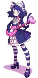 Rule 34 | 10s, 1girl, :3, animal ears, aqua eyes, bad id, bad pixiv id, bell, cat ears, cat tail, curly hair, cyan (show by rock!!), electric guitar, frills, gothic lolita, guitar, high heels, highres, instrument, jeje (pixiv12541114), lolita fashion, maid headdress, mary janes, shoes, short hair, show by rock!!, simple background, smile, solo, standing, strawberry heart (show by rock!!), striped clothes, striped thighhighs, tail, thighhighs