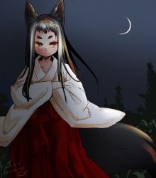 Rule 34 | 1girl, 2014, animal ears, crossed arms, dated, female focus, fox ears, fox tail, japanese clothes, long hair, looking at viewer, miko, mono (nekogoya), nature, night, original, outdoors, plant, sky, smile, solo, star (sky), starry sky, tail