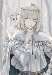 Rule 34 | 1boy, absurdres, blanca (fate), blue eyes, bug, butterfly, cloak, crown, diamond hairband, fate/grand order, fate (series), fur-trimmed cloak, fur trim, grey hair, hand on own face, highres, insect, long sleeves, male focus, medium hair, moth, no wings, noraillust, oberon (fate), upper body, white cloak