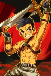 Rule 34 | 1boy, bara, commentary request, gloves, highres, holding, holding sword, holding weapon, male focus, muscular, muscular child, muscular male, original, smile, solo, sword, topless male, weapon, zxanzai
