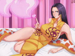 Rule 34 | 1girl, 47 hard, bed, black hair, blue eyes, boa hancock, breasts, heart, highres, huge breasts, looking at viewer, one piece, salome (one piece), snake, tagme