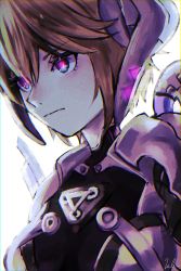 Rule 34 | 1girl, absurdres, android, armor, blue eyes, brown hair, closed mouth, cyborg, fiora (xenoblade), glowing, glowing eyes, highres, kyosuke1413koba, mecha-fiora, short hair, simple background, solo, upper body, white background, xenoblade chronicles (series), xenoblade chronicles 1