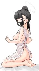Rule 34 | 1girl, 28 (282teeth), apron, ass, barefoot, black eyes, black hair, black mask, blue archive, frilled apron, frills, halo, high ponytail, highres, long hair, mask, mouth mask, naked apron, simple background, soles, solo, sukeban (smg) (blue archive), surgical mask, toes, white apron, white background