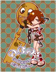 Rule 34 | 1girl, a.b.a, arc system works, bandages, blood, chain, fingerless gloves, frown, gloves, guilty gear, hair over one eye, homunculus, key, key in head, lowres, object through head, oversized object, paracelsus (guilty gear), red hair, short hair, shorts, solo