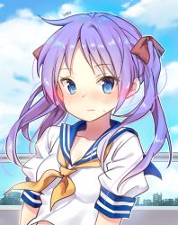 Rule 34 | 1girl, bad id, bad pixiv id, blue eyes, blue sailor collar, blue sky, blush, bow, closed mouth, cloud, cloudy sky, commentary, day, goyain, hair bow, highres, hiiragi kagami, indoors, long hair, looking at viewer, lucky star, neckerchief, puffy short sleeves, puffy sleeves, purple hair, red bow, ryouou school uniform, sailor collar, school uniform, serafuku, shirt, short sleeves, signature, sky, solo, sweat, twintails, upper body, wavy mouth, white shirt, yellow neckerchief