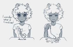 Rule 34 | 1girl, ashido mina, black sclera, blush, boku no hero academia, bow, collarbone, colored sclera, cropped torso, dildo, disappointed, gift, greyscale, hand up, heart, holding, horns, looking at viewer, monochrome, multiple views, sad, sex toy, shirt, short hair, short sleeves, simple background, socks, suoiresnu, upper body