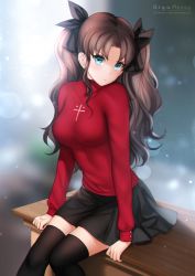 Rule 34 | black hair, black skirt, black thighhighs, cross, fate/stay night, fate (series), gigamessy, pout, red shirt, shirt, sitting, skirt, solo, thighhighs, tohsaka rin, twintails