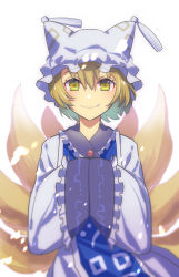 Rule 34 | 1girl, animal ears, animal hat, blonde hair, blue tabard, blush, brooch, closed mouth, dress, eyelashes, fox ears, fox tail, frills, gem, hair between eyes, hands in opposite sleeves, hat, highres, jewelry, long sleeves, looking at viewer, mob cap, multiple tails, nayozane (worker7), one-hour drawing challenge, red gemstone, short hair, simple background, smile, solo, standing, tabard, tail, tassel, touhou, white background, white dress, wide sleeves, yakumo ran, yellow eyes