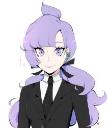 Rule 34 | 1girl, 2017, anabel (pokemon), black necktie, black suit, breasts, commentary, creatures (company), earpiece, english commentary, eyelashes, formal, game freak, highres, looking at viewer, milka (milk4ppl), necktie, nintendo, pokemon, pokemon sm, ponytail, purple hair, signature, simple background, small breasts, smile, solo, sparkle, suit, white background