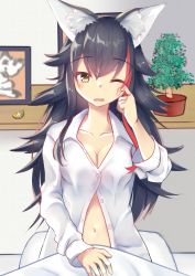Rule 34 | 1girl, animal ears, black hair, breasts, cleavage, commentary request, hair between eyes, highres, hololive, lapsuswolf, looking at viewer, medium breasts, navel, one eye closed, ookami mio, red hair, solo, virtual youtuber, waking up, wolf ears, yellow eyes
