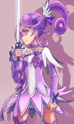 Rule 34 | 1girl, arm warmers, bad id, bad pixiv id, brooch, choker, cure sword, dokidoki! precure, hair ornament, hairpin, heart, heart brooch, jewelry, kenzaki makoto, magical girl, name connection, object namesake, ponytail, potepote, precure, purple background, purple eyes, purple hair, purple skirt, purple theme, purple thighhighs, shadow, short hair, skirt, solo, spade, spade hair ornament, sword, thighhighs, weapon