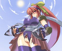 Rule 34 | assassin, assassin (ragnarok online), blade, blush, bow, breasts, covered erect nipples, dagger, elbow gloves, fat mons, female pubic hair, gloves, jamadhar, knife, kumacchi, large breasts, long hair, ponytail, pubic hair, purple eyes, pussy, ragnarok online, red hair, ribbon, shoulder pads, skin tight, solo, sweat, thighhighs, uncensored, unzipped, very long hair, weapon, zipper