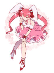Rule 34 | 1girl, absurdres, animal ears, bow, commentary request, di gi charat, dice hair ornament, dress, frilled dress, frilled footwear, frills, full body, hair bow, hair ornament, hakoniwa (5ma suke), high heels, highres, neck ribbon, one eye closed, pink eyes, pink hair, rabbit ears, rabbit girl, rabbit tail, ribbon, tail, twintails, usada hikaru