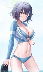 Rule 34 | 1girl, absurdres, bikini, bikini under clothes, blue archive, blue bikini, blue eyes, blue shirt, breasts, cleavage, collarbone, cowboy shot, crop top, grey hair, halo, highres, large breasts, long sleeves, looking at viewer, midriff, navel, no pants, official alternate costume, open mouth, rama (yu-light8), saki (blue archive), saki (swimsuit) (blue archive), shirt, shoes, short hair, solo, standing, stomach, swimsuit, thighs, unworn shoes, unzipped, unzipping, wet