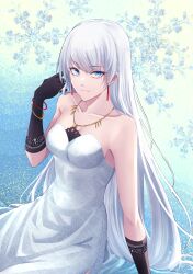 Rule 34 | 1girl, absurdres, alternate hairstyle, bare shoulders, black gloves, blue eyes, bracelet, breasts, closed mouth, collarbone, dress, earrings, elbow gloves, gloves, hair down, hand up, highres, jewelry, jindianjun000, long hair, looking at viewer, necklace, rwby, scar, scar across eye, scar on face, sitting, small breasts, snowflake background, snowflakes, solo, very long hair, weiss schnee, white dress, white hair