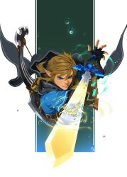 Rule 34 | 1boy, absurdres, black hood, blue eyes, bow (weapon), brown hair, champion&#039;s tunic (zelda), clenched teeth, fingerless gloves, gloves, highres, link, male focus, master sword, nintendo, shield, shield on back, shiyuu (shiyu), short hair, short ponytail, solo, teeth, the legend of zelda, the legend of zelda: tears of the kingdom, weapon