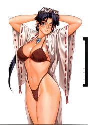 Rule 34 | 1girl, arms behind head, arms up, atlus, bikini, bikini under clothes, blue eyes, blue hair, blush, breasts, cleavage, collar, covered erect nipples, cowboy shot, detached sleeves, goggles, goggles on head, groin, hair ribbon, highleg, highleg bikini, highleg swimsuit, highres, hip focus, japanese clothes, jewelry, kimono, large breasts, linea alba, lingerie, lips, lipstick, long hair, long sleeves, looking at viewer, magatama, makeup, matching hair/eyes, miko, navel, necklace, nipples, official art, one eye closed, open clothes, open kimono, open shirt, parted bangs, ponytail, psikyo, red bikini, ribbon, ribs, scan, see-through, sengoku ace, sengoku ace episode ii, sengoku blade, sengoku cannon, shirt, short hair, sideboob, simple background, smile, solo, standing, string bikini, swimsuit, swimsuit under clothes, tengai, thick thighs, thighs, togashi koyori, toned, traditional media, tsukasa jun, underwear, very long hair, white background, wide sleeves, wink