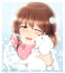 Rule 34 | 1girl, ;d, animal, animal collar, bad id, bad pixiv id, blue background, blush, bob cut, brown eyes, brown hair, coat, collar, crying, dog, english text, flower, gradient background, hagiwara yukiho, hair flower, hair ornament, happy, holding, idolmaster, idolmaster (classic), ima (lm ew), licking, one eye closed, open mouth, plaid, plaid coat, puppy, scarf, short hair, simple background, smile, snowflakes, snowing, tears, text focus, winter, winter clothes, winter coat