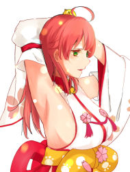 Rule 34 | 1girl, absurdres, ahoge, armpits, arms up, bad id, bad pixiv id, bell, breasts, c flat, cherry blossom print, cherry blossoms, detached sleeves, floral print, green eyes, hair bell, hair ornament, highres, hololive, long hair, medium breasts, nontraditional miko, paw print, paw print pattern, petals, pink hair, sakura miko, sakura miko (1st costume), sideboob, solo, upper body, virtual youtuber, white background, wide sleeves