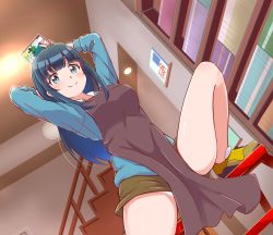 Rule 34 | 1girl, apron, arms up, black hair, blue eyes, blush, bookshelf, breasts, brown apron, closed mouth, collared shirt, commentary request, eromanga sensei, eyelashes, indoors, light, long hair, long sleeves, picolette xiii, shiny skin, shirt, shoes, smile, solo, spread legs, stairs, takasago tomoe, white shirt, yellow footwear